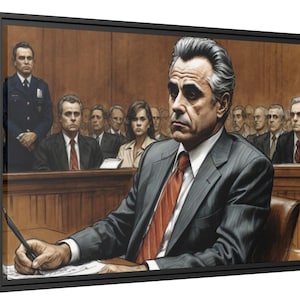 May include: A painting of a man in a dark gray suit with a red tie, sitting at a table and writing on a piece of paper. He is surrounded by other people in the background.