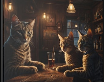 Cats Art- Cats Playing Cards Art - Whiskey Bar Pub Portrait -Beer Poker Casino Wall Art- Framed Canvas Art