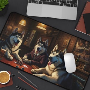 Siberian Husky Dogs - Tappetino da scrivania per animali domestici - Whiskey Bar Pub Birra Poker Casinò - Cani GIOCARE A POKER CARTE