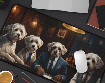 Maltese Dogs Desk Mat: Whiskey Bar Poker Dogs