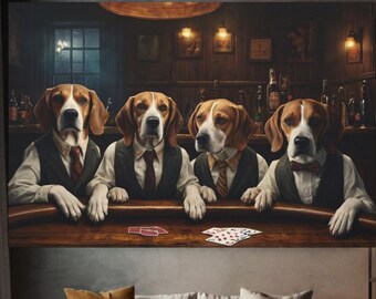 Beagle Dog Wall Art - Dogs playing Cards - Whiskey Bar Pub Beer Poker Casino - Canvas Art