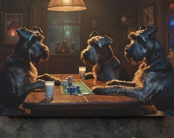 Schnauzer Dog ART - Dogs Playing Cards - Poker Canvas Art - Whiskey Bar Pub Decor
