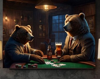 Bear Poker Print Poster Whiskey Bar Pub Beer Bears Playing Cards Casino