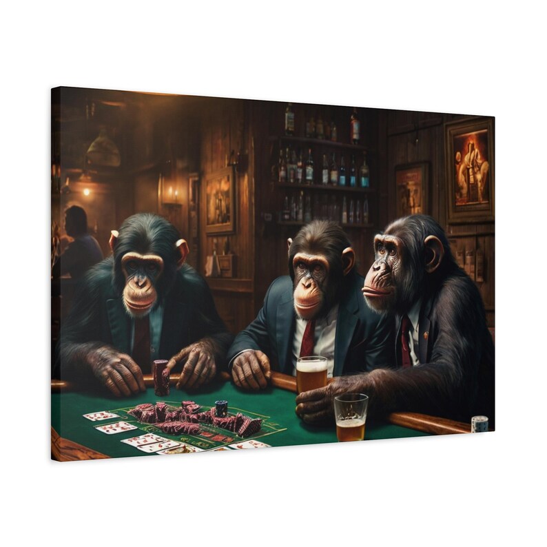 Monkey Whiskey Bar Pub Beer Poker Casino - Chimpanzee PLAYING POKER CARDS Canvas - Monkey art image 4