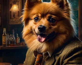 Pomeranian Dog Whiskey Bar Pub Beer Poker Casino - Digital Poster