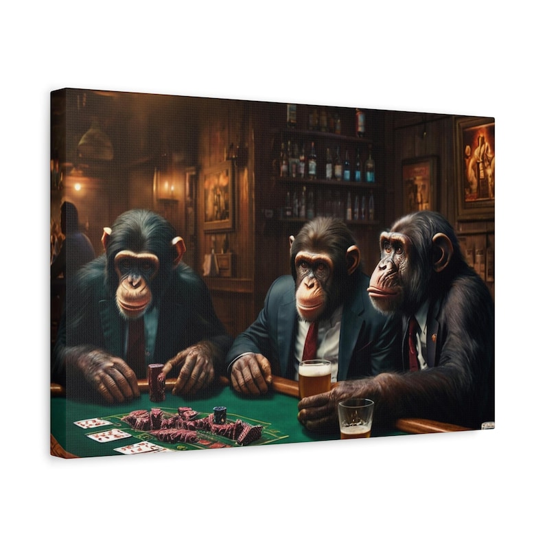 Monkey Whiskey Bar Pub Beer Poker Casino - Chimpanzee PLAYING POKER CARDS Canvas - Monkey art image 2