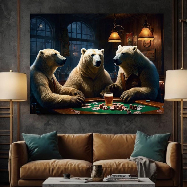 Polar Bear Poker Print Poster Whiskey Bar Pub Beer Bears Playing Cards Casino image 1