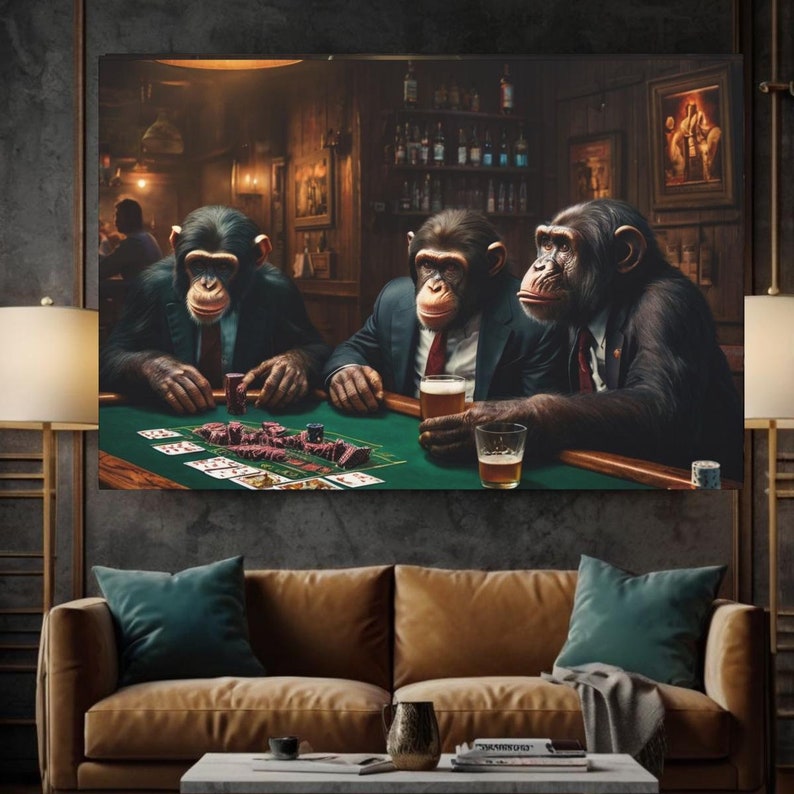 May include: Three chimpanzees dressed in suits are sitting at a green felt poker table. They are playing cards and drinking beer. The table is covered in chips, cards, and a few empty beer bottles.