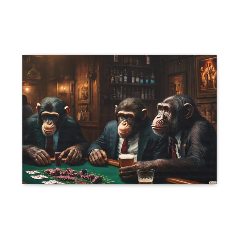 Monkey Whiskey Bar Pub Beer Poker Casino - Chimpanzee PLAYING POKER CARDS Canvas - Monkey art image 3