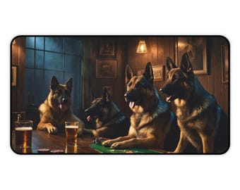 German Shepherd Desk Mat: Dogs Playing Poker, Whiskey Bar Design