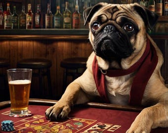 Pug Dog Whiskey Bar Pub Beer Poker Casino - Digital Poster
