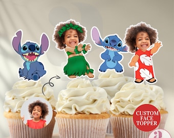 Adorno para cupcakes de Stich, adorno para cupcakes con cara personalizada de Lillo, diseño personalizado para cupcakes, decoración para fiestas hawaianas de cumpleaños, película