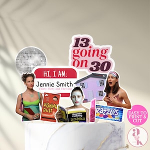 Puede incluir: Un conjunto de adornos para pasteles imprimibles con el tema de 13 Going on 30. El conjunto incluye una bola de discoteca, una casa rosa, un libro titulado "Wishing Dust", un libro titulado "Magazine Publishing Dummies", un lápiz labial rosa, una caja de caramelos Razzles, un personaje de la película con una máscara facial y un personaje de la película con una expresión de sorpresa. El texto "HI, I AM: Jennie Smith Thirty Flirty and Thriving" y "13 going on 30" también están incluidos.