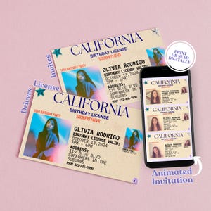 Olivia Rodrigo Geburtstagseinladungskarte Führerschein-Führerschein lädt ein Animierte Einladung Party Sour Album Livies Geburtstag