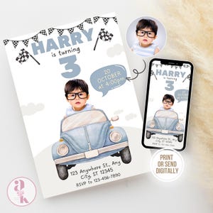 Convite para festa de carro, cartão para primeiro aniversário, cartão para chá de bebê, festa de aniversário de carros para crianças, convites digitais para motorista de bebê