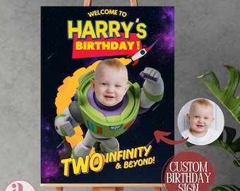 Letrero de cumpleaños de Buzz, juguete de bienvenida, foto personalizada de Buzz, astronauta, fiesta de cumpleaños, dos Infinity And Beyond, Buzz Space Party