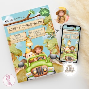 Convite de selva, convite com foto personalizada, cartão de primeiro aniversário para chá de bebê, festa de aniversário de safári, convites Wild One