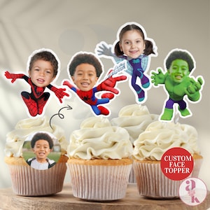 Spiders Cupcake Topper Superhero Custom Face Cupcake Topper Hulks Cake Topper Superhero Kids Birthday Decor Spideys Party