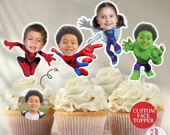 Adorno para cupcakes de arañas, adorno para cupcakes con cara personalizada de superhéroe, adorno para tarta de Hulk, decoración de cumpleaños infantil de superhéroes, fiesta de Spideys