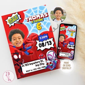 Carte d'invitation d'anniversaire de super-héros Spideys Invitation photo personnalisée Spideys Invitation de fête de héros rouge Carte de premier anniversaire de super-héros