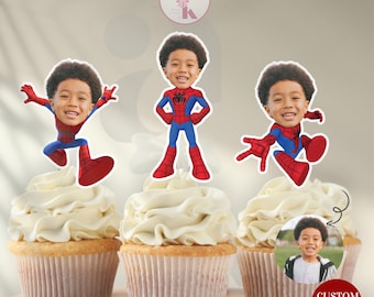 Superhero Custom Face Cupcake Topper Spiders Cake Topper Superhero Kids Birthday Decor Spideys Party Cupcake Design