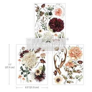 Transferencia para muebles reciclados Transferencia con colores de otoño Transferencia con flores blancas y rosas Transferencia para manualidades