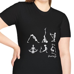 Skeleton yoga T shirt, Halloween skeleton shirt, Workout Top with yoga poses