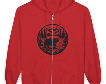 Bear in the Woods Zip Up Hoodie, Nature Sweatshirt, Forest Animal Graphic, Nature Lover Gift, Outdoor Apparel, Cozy Winter Jacket, Hiking