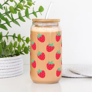 Cute Strawberry Glass Iced Coffee Cup | Trendy Beer Can Tumbler | 16 oz Aesthetic Coffee Glass with Bamboo Lid & Glass Straw | Cottagecore