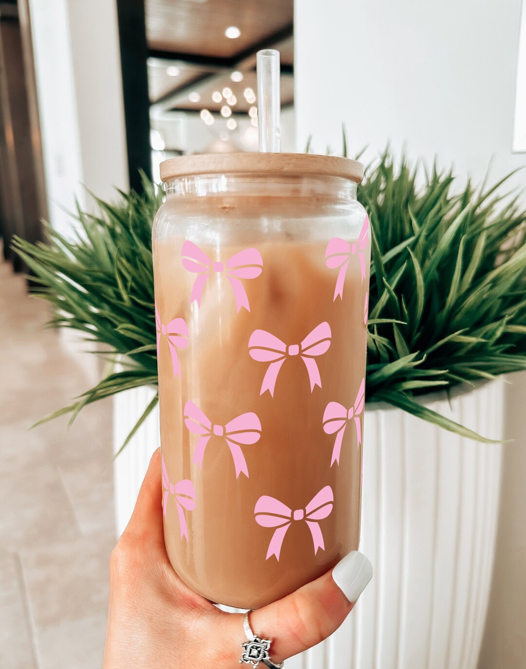 Girly Pink Bow Glass Iced Coffee Cup | Trendy Beer Can Tumbler | 16 Oz ...