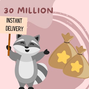 Op de afbeelding: Een cartoonwasbeer die een bord vasthoudt met de tekst "Instant Delivery" met twee bruine zakken met gele sterren op een roze achtergrond. De tekst "30 miljoen" staat bovenaan de afbeelding.