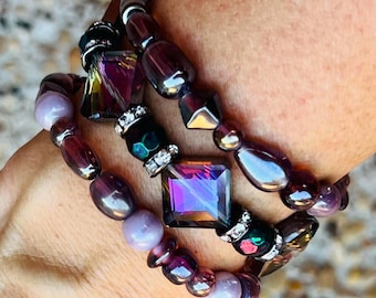Women&#39;s Purple Bracelet Stack with Glass and Gunmetal Beads, Gift for her
