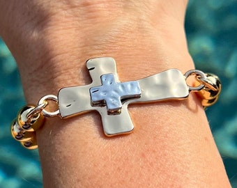 Gold and Silver Beaded Cross Bracelet