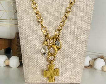 Gold Cross Necklace with Swarovski Crystal Charm