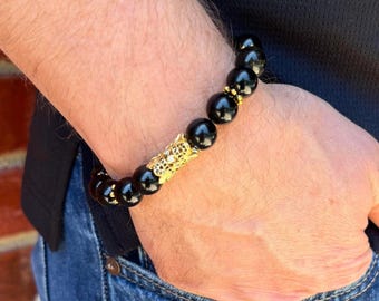 Black Obsidian Gemstone Bracelet with Gold Crown Focal