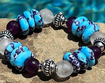 Women&#39;s Blue, Purple, Silver Beaded Bracelet, African Glass Handmade Jewelry, Gift for Her