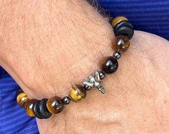 Elephant Bracelet with Brown Tiger Eye and African Black Glass