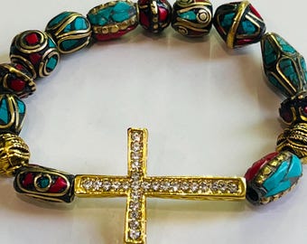 Cross Bracelet with Turquoise, Red and Gold Tibetan