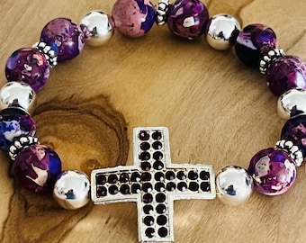 Purple and Silver Rhinestone Cross Bracelet: Beaded Christian Bracelet