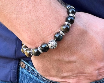 Brown, Gold and Blue Tiger Eye Gemstone Bracelet with Silver Colored Accents