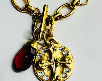 Red and Gold Cross Charm Bracelet with Crystal Accents