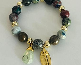 Cross Bracelet with Prehnite Gemstone Teardrop Charm in Shades of Green, Brown and Gold