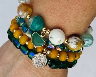 Green, Yellow, White and Gold Women's Beaded Bracelet Stack, Gemstone and Glass Bracelet Set, Chunky Bracelet, Spring and Summer Bracelet