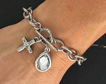 Silver  Cross and Swarovski Crystal Charm Bracelet with Chain and Toggle Clasp