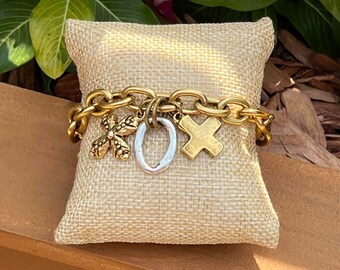 12K Gold Plated Cross Charm Bracelet: Two-Tone Christian Jewelry