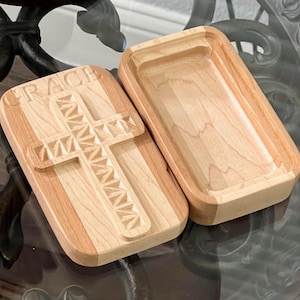Handmade Cherry & Maple Wood Cross Box: Grace Engraved Trinket Box