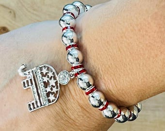 Republican Elephant Charm Bracelet: Silver Plated Beaded Political Jewelry