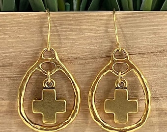 Gold Cross Dangle Earrings: 12K Gold Plated Brass