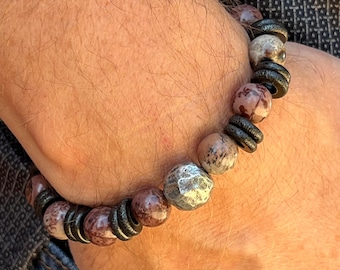 Men's Mauve and Black Gemstone Beaded Bracelet