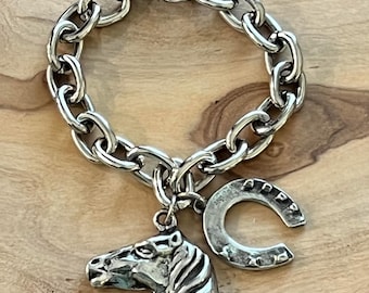 Silver Horse Charm Bracelet with Horseshoe
